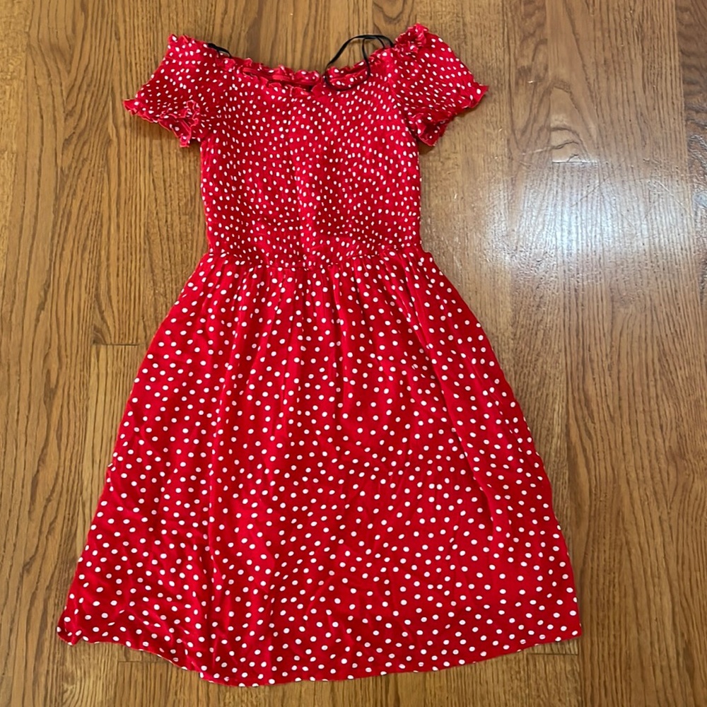 H&M Red with White Polka Dots Smock Off the Shoulder Dress